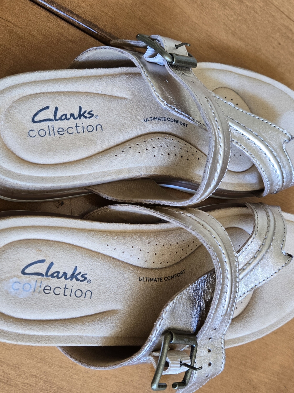 Clarks Metallic Champagne Buckle Comfort Slide Sandals